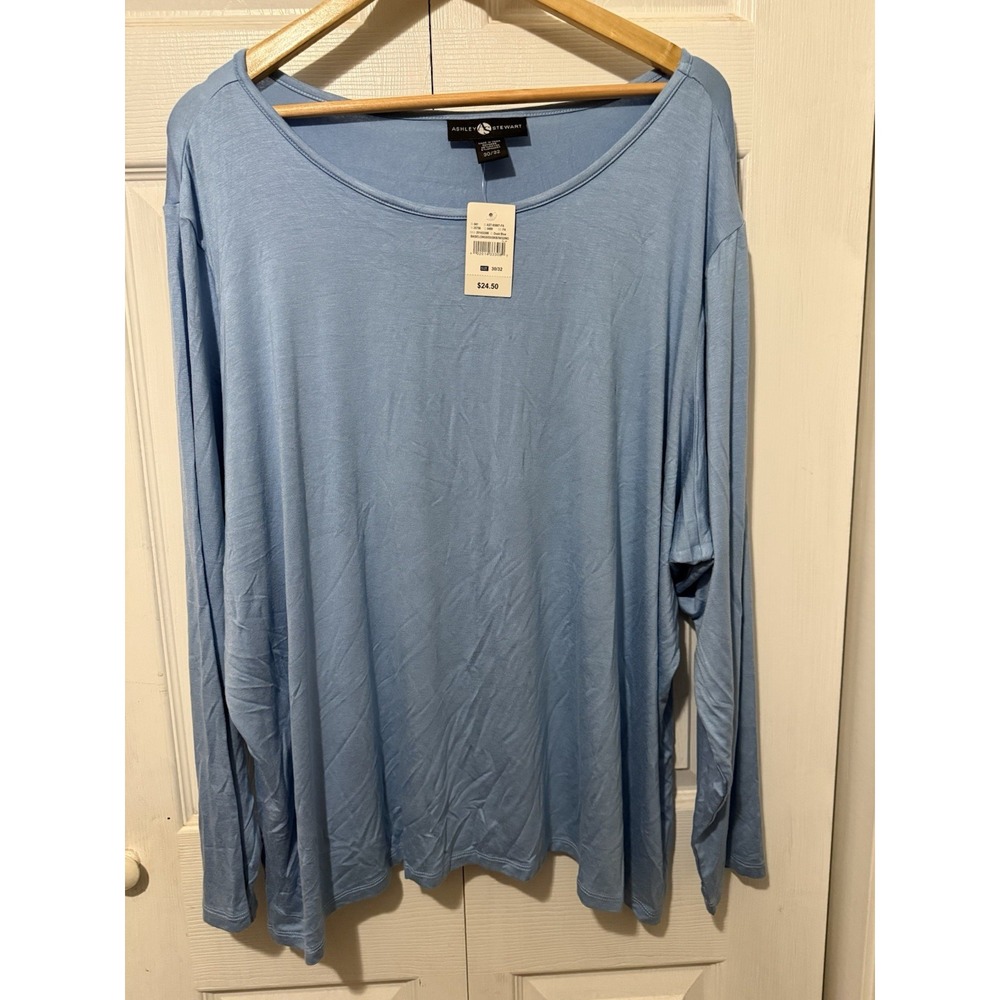NWT Ashley Stewart 30/32 Dusk Blue Long Sleeve Top Scoop Neck Plus Size